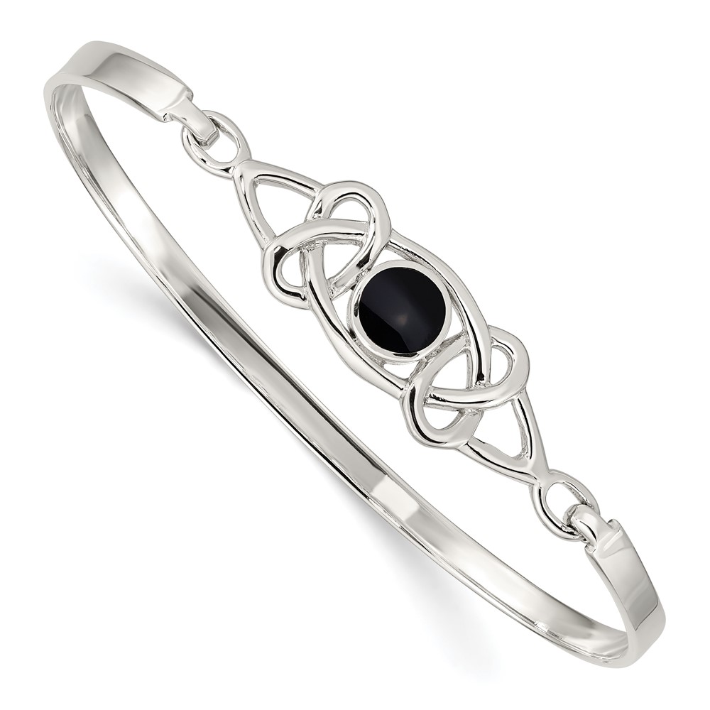 Sterling Silver Black Onyx Celtic Pattern Flexible Bangle Bracelet (QB946)