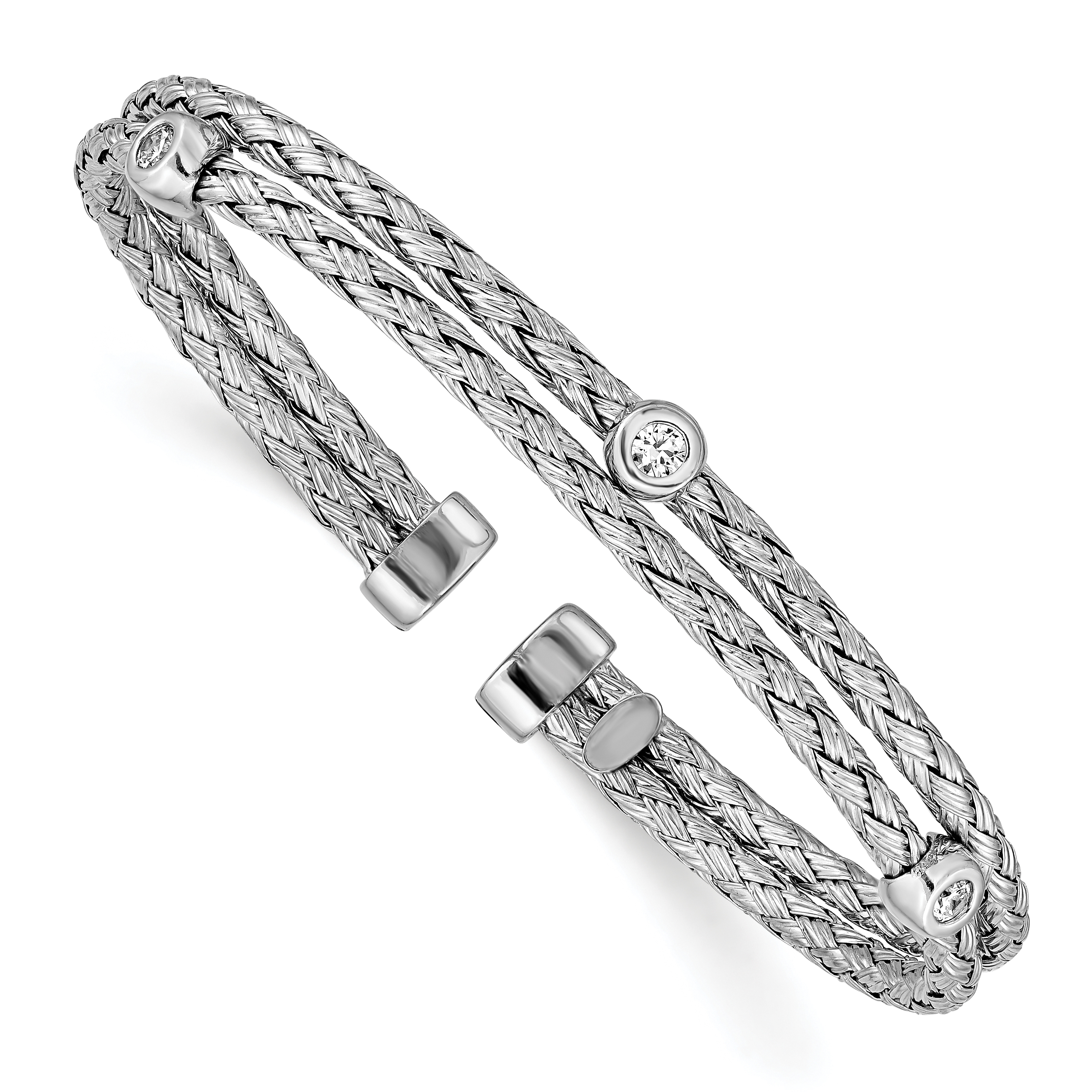 Sterling Silver Polished Rhodium-plated Double Strand CZ Cuff Bangle (QB977)
