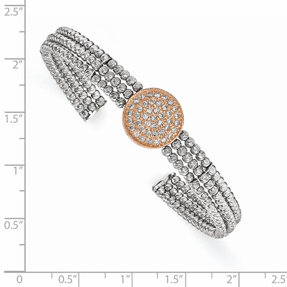 Sterling Silver Rose, Rhodium-plated 3-strand Beaded Crystal Cuff