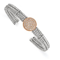 Sterling Silver Rose, Rhodium-plated 3-strand Beaded Crystal Cuff view 1