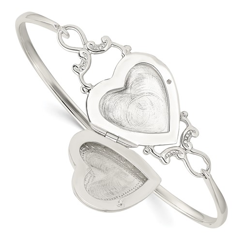 Sterling Silver Polished 22mm Heart Locket Hook Closure Bangle Bracelet