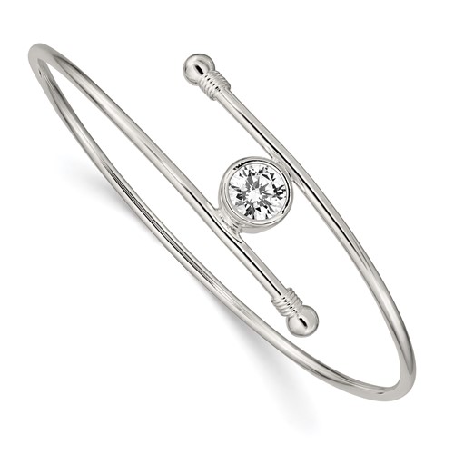 Sterling Silver Polished Bezel CZ Bypass Slip-on Bangle