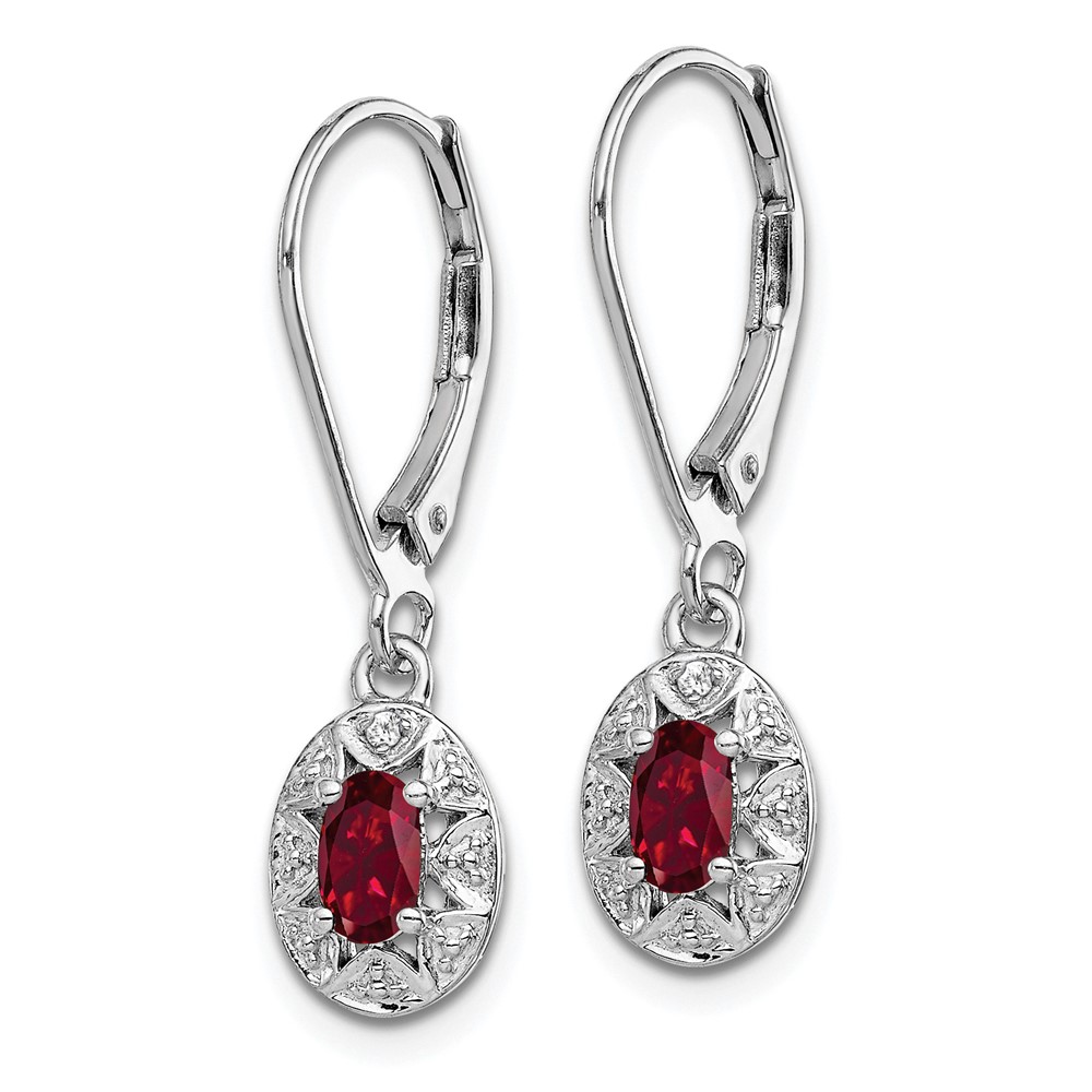 Sterling Silver Rhodium Plated Diamond and Lab Created Ruby Dangle Leverback Earrings (QBE10JUL)