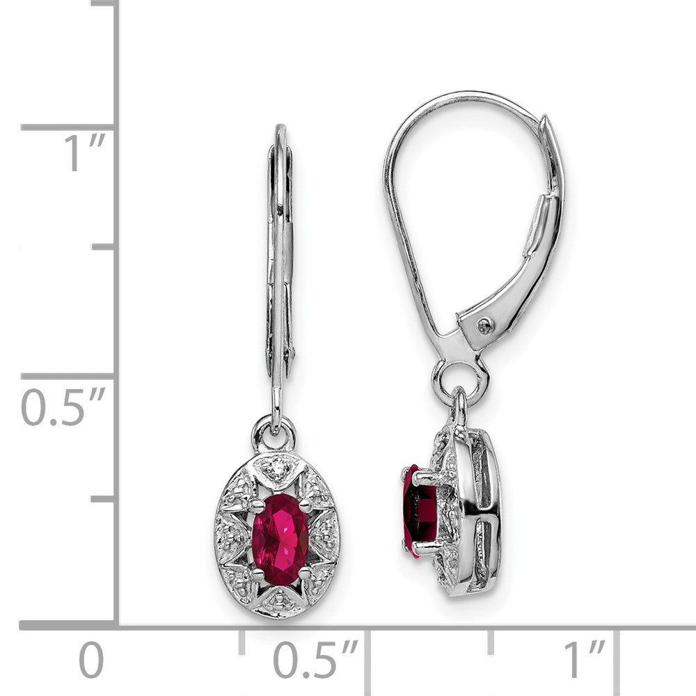 Sterling Silver Rhodium Plated Diamond and Lab Created Ruby Dangle Leverback Earrings (QBE10JUL)