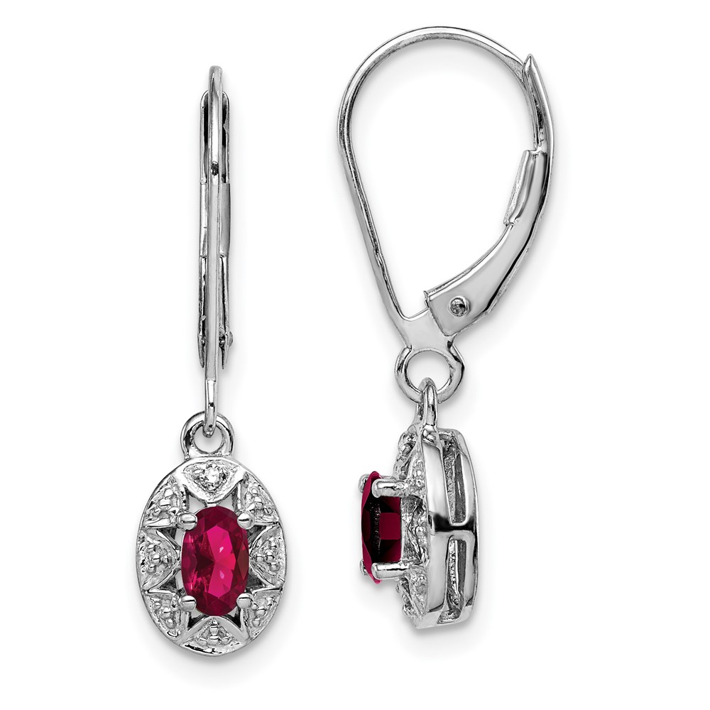 Sterling Silver Rhodium Plated Diamond and Lab Created Ruby Dangle Leverback Earrings (QBE10JUL)
