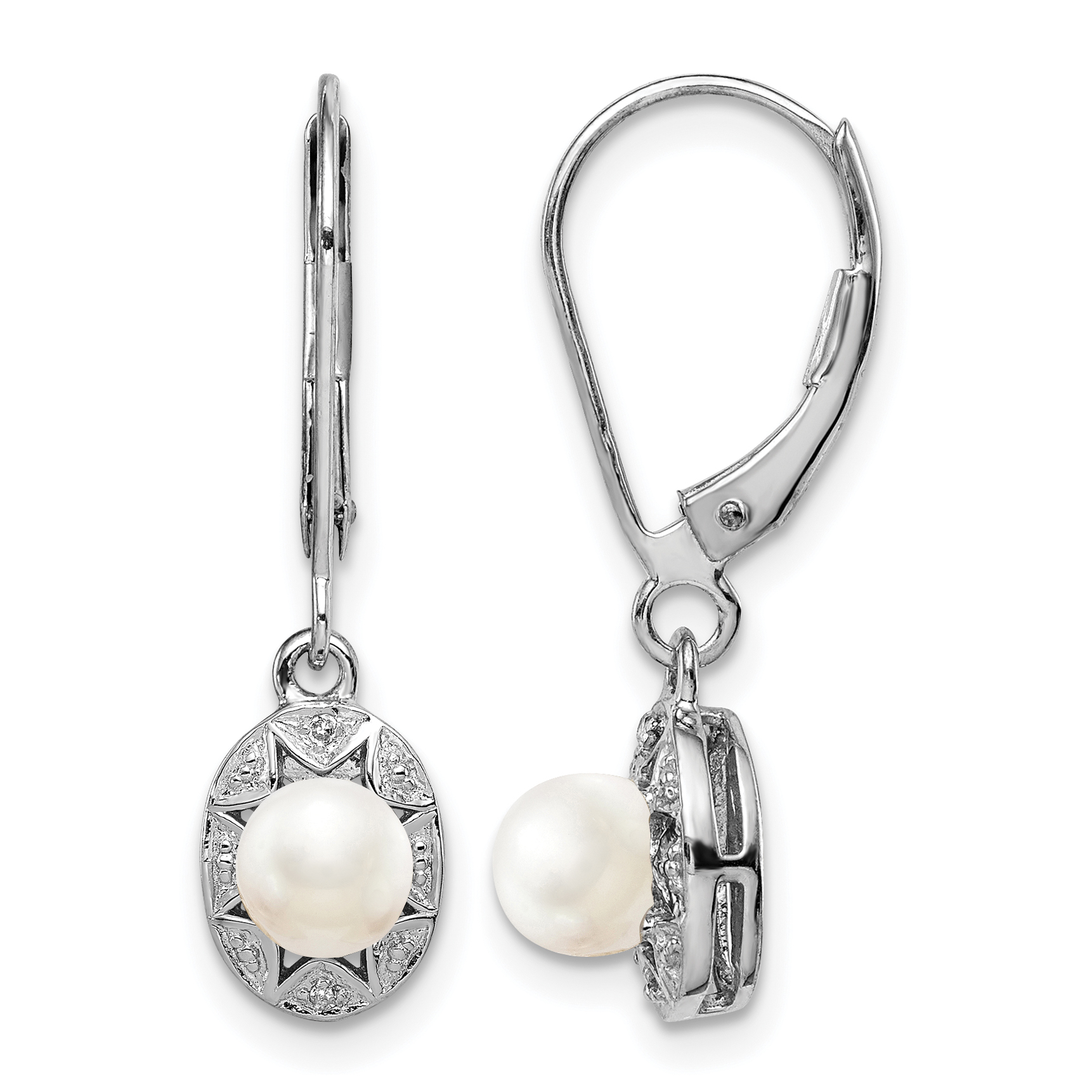 Sterling Silver Rhodium-plated Diam. & FW Cultured Pearl Earrings (QBE10JUN)