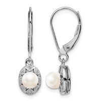 Sterling Silver Rhodium-plated Diam. & FW Cultured Pearl Earrings view 1