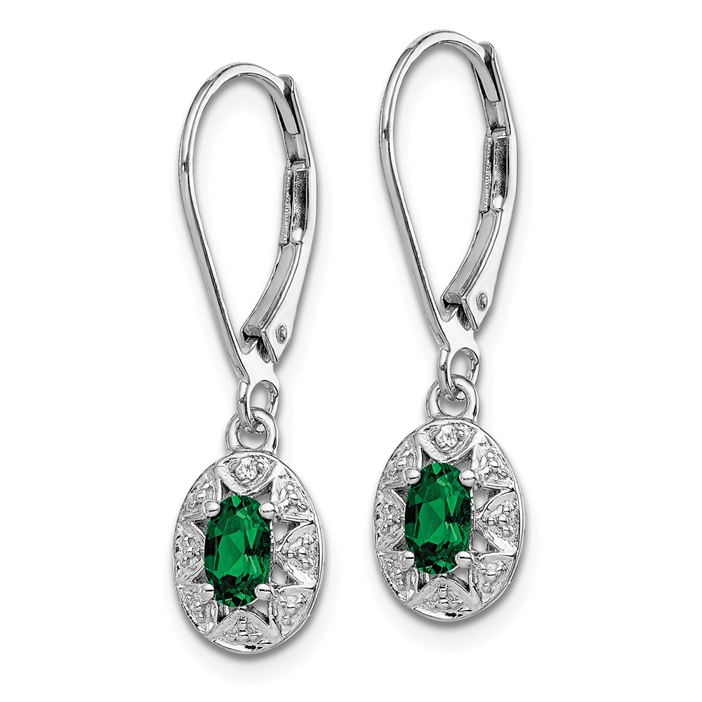Sterling Silver Rhodium-plated Diamond/Lab Created Emerald Earrings (QBE10MAY)