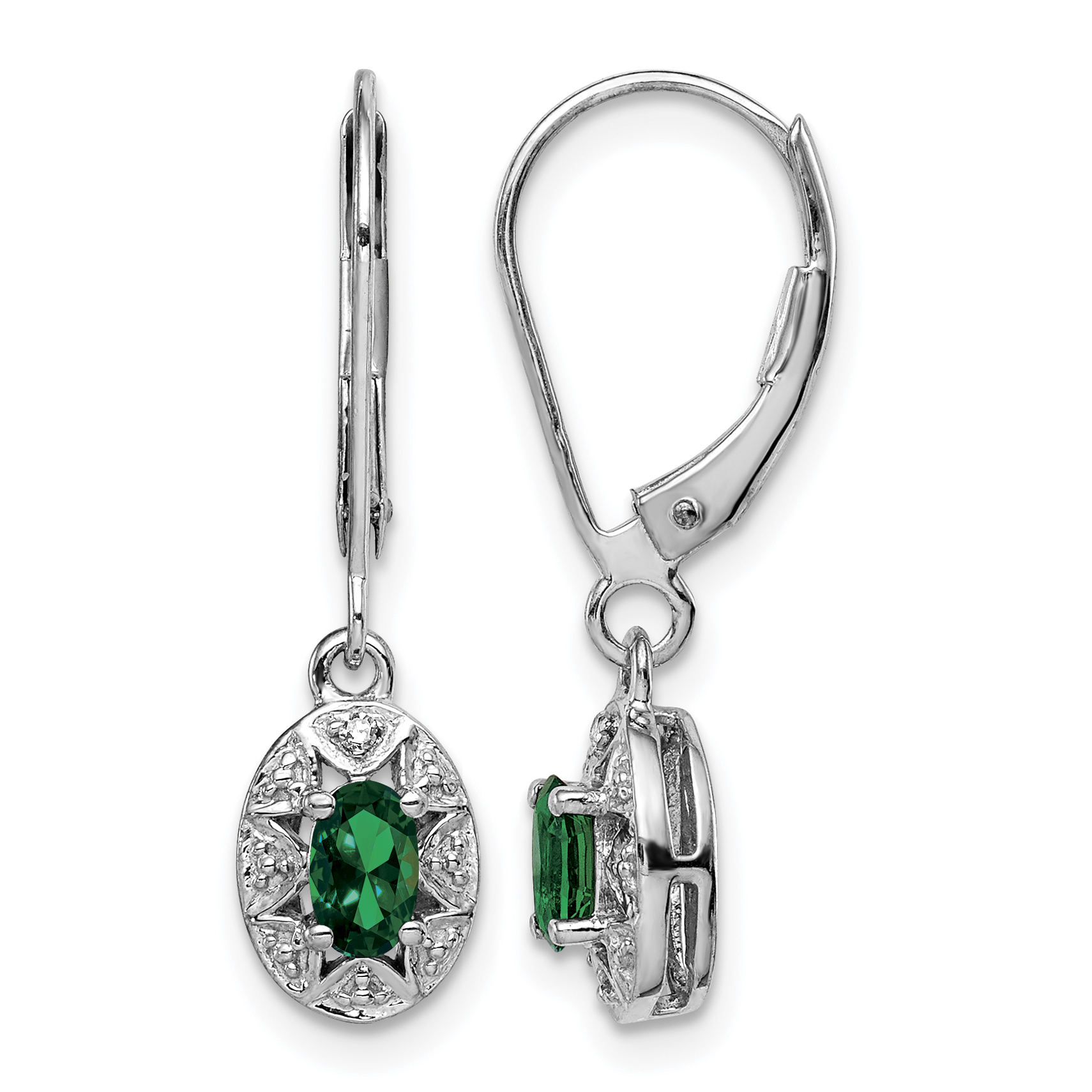 Sterling Silver Rhodium-plated Diamond/Lab Created Emerald Earrings (QBE10MAY)