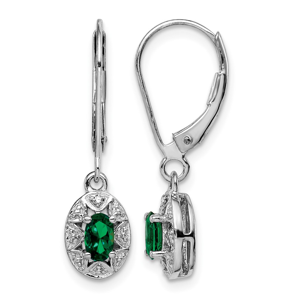 Sterling Silver Rhodium-plated Diamond/Lab Created Emerald Earrings (QBE10MAY)