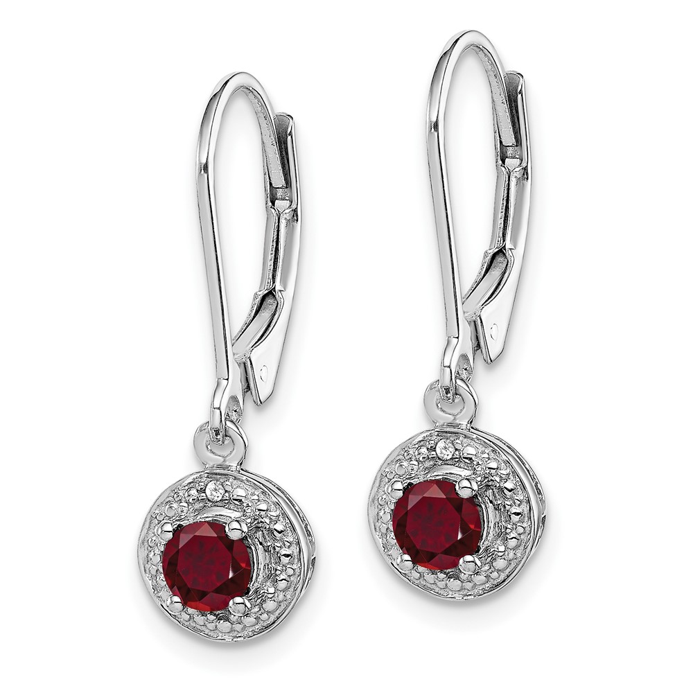 Sterling Silver Rhodium Plated Lab Created Ruby and Diamond Halo Dangle Leverback Earrings (QBE11JUL)