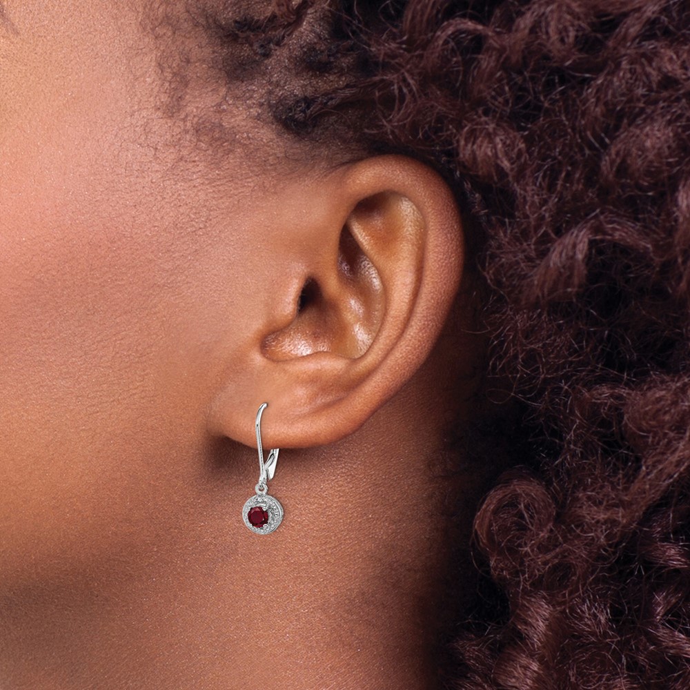 Sterling Silver Rhodium Plated Lab Created Ruby and Diamond Halo Dangle Leverback Earrings (QBE11JUL)