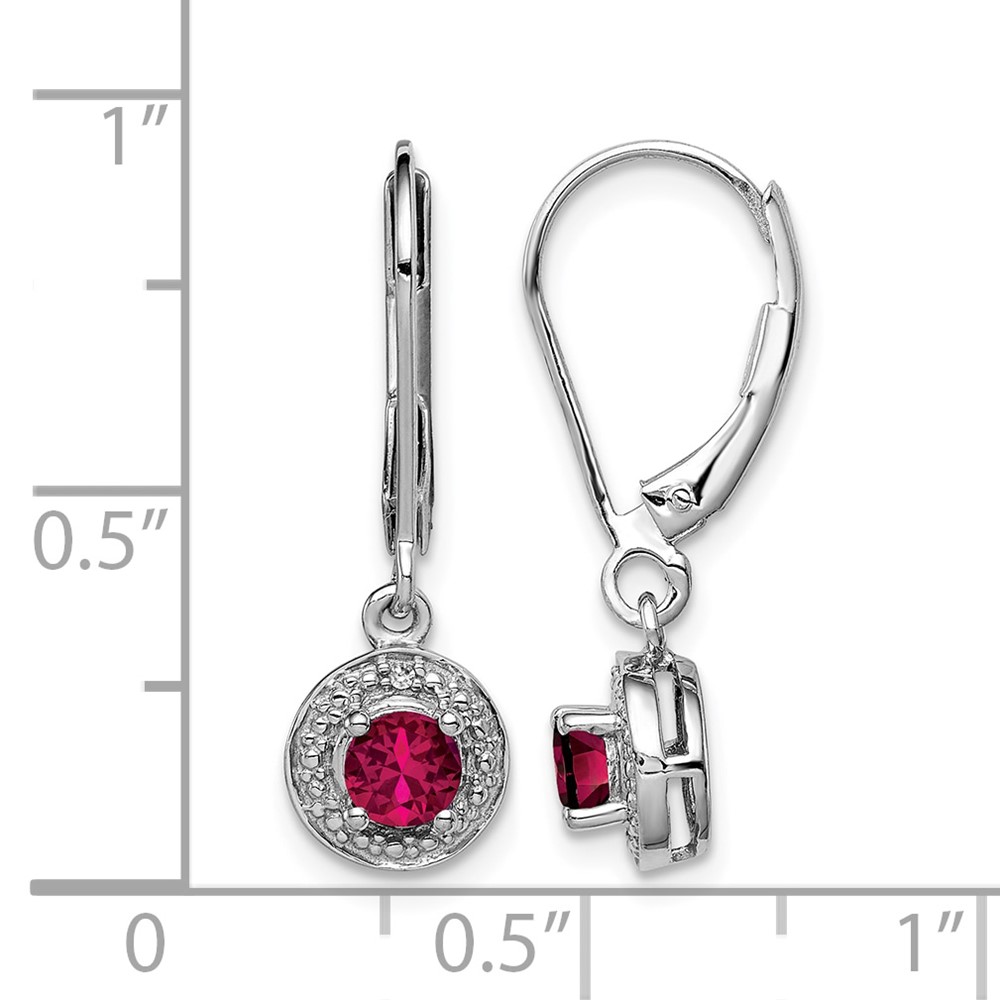 Sterling Silver Rhodium Plated Lab Created Ruby and Diamond Halo Dangle Leverback Earrings (QBE11JUL)