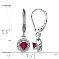Sterling Silver Rhodium Plated Lab Created Ruby and Diamond Halo Dangle Leverback Earrings view 4