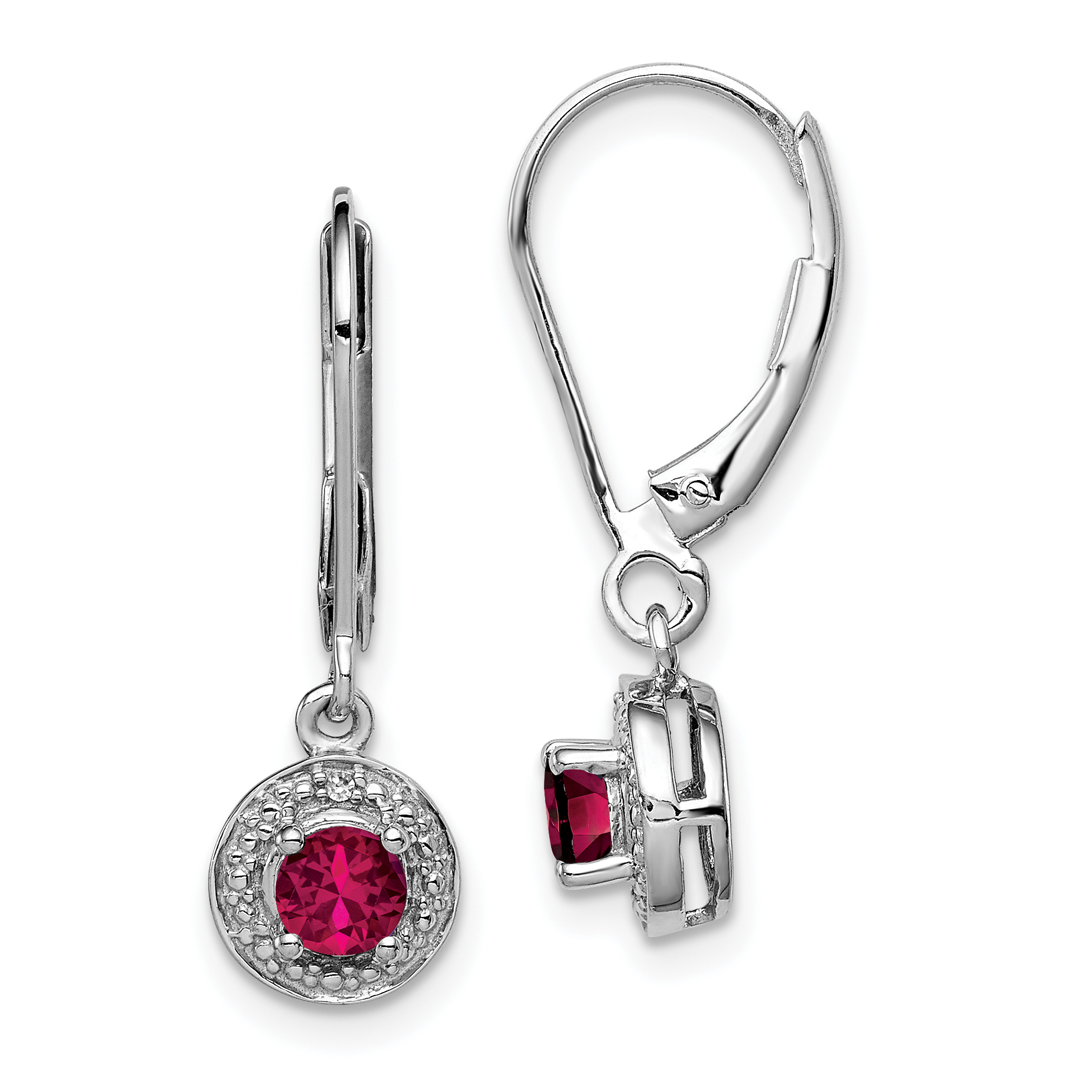 Sterling Silver Rhodium Plated Lab Created Ruby and Diamond Halo Dangle Leverback Earrings (QBE11JUL)