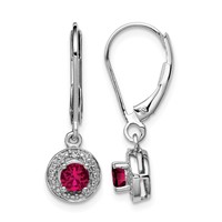 Sterling Silver Rhodium Plated Lab Created Ruby and Diamond Halo Dangle Leverback Earrings view 1