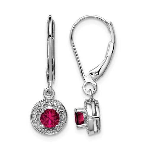 Sterling Silver Rhodium Plated Lab Created Ruby and Diamond Halo Dangle Leverback Earrings