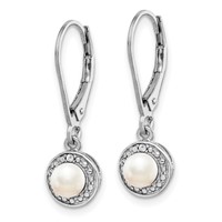 Sterling Silver Rhodium-plated Diam. & FW Cultured Pearl Earrings view 2