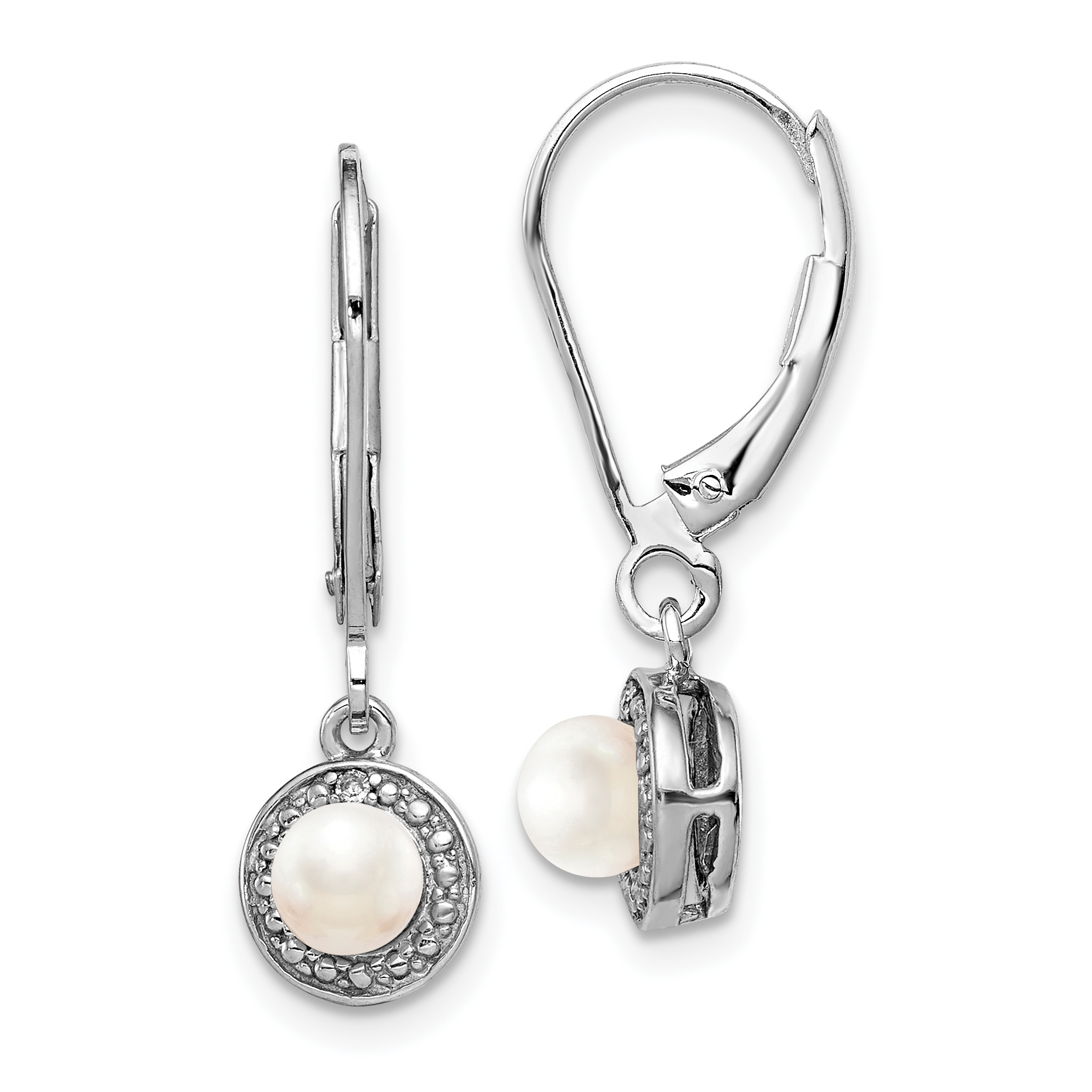 Sterling Silver Rhodium-plated Diam. & FW Cultured Pearl Earrings (QBE11JUN)