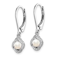 Sterling Silver Rhodium-plated Diam. & FW Cultured Pearl Earrings view 2
