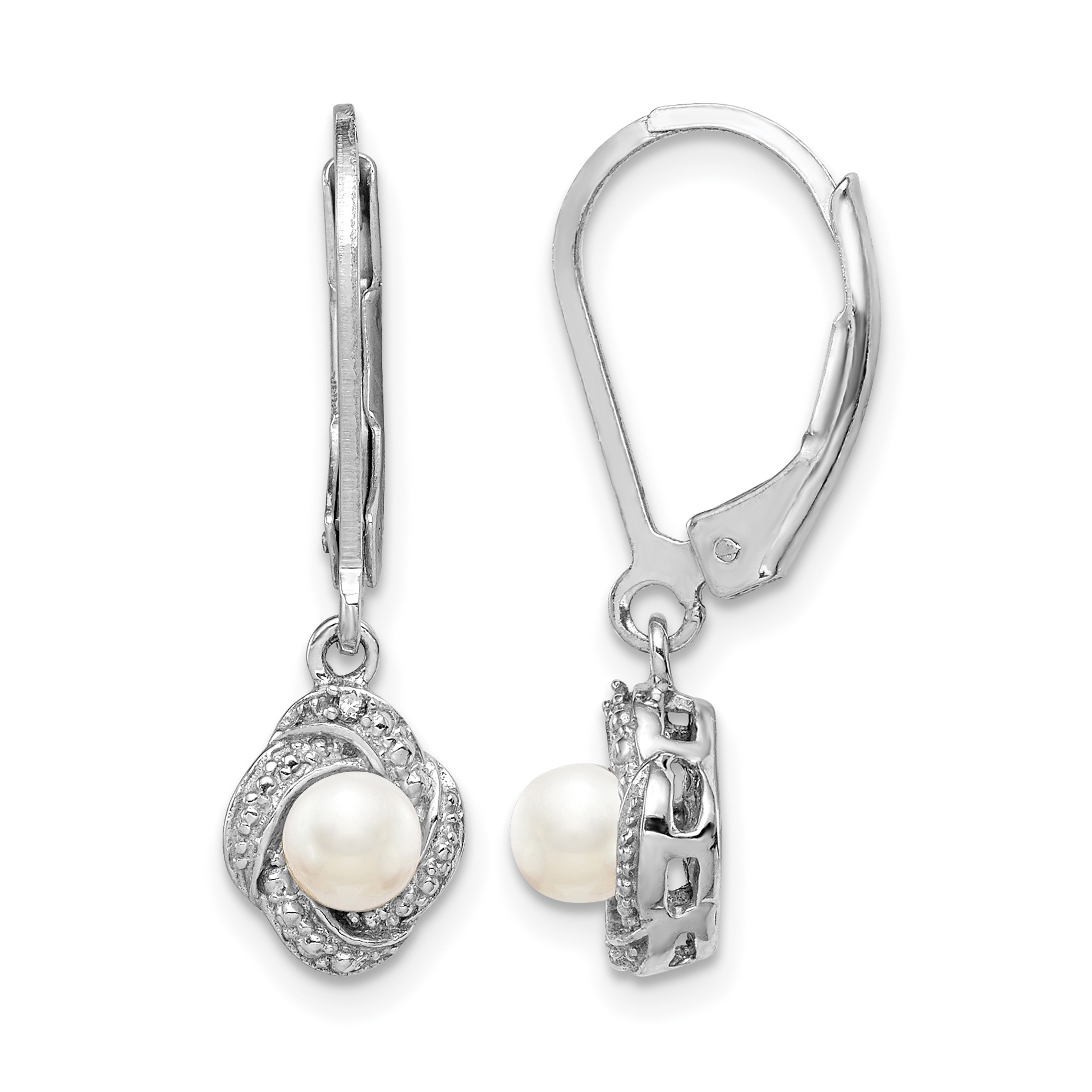 Sterling Silver Rhodium-plated Diam. & FW Cultured Pearl Earrings (QBE12JUN)
