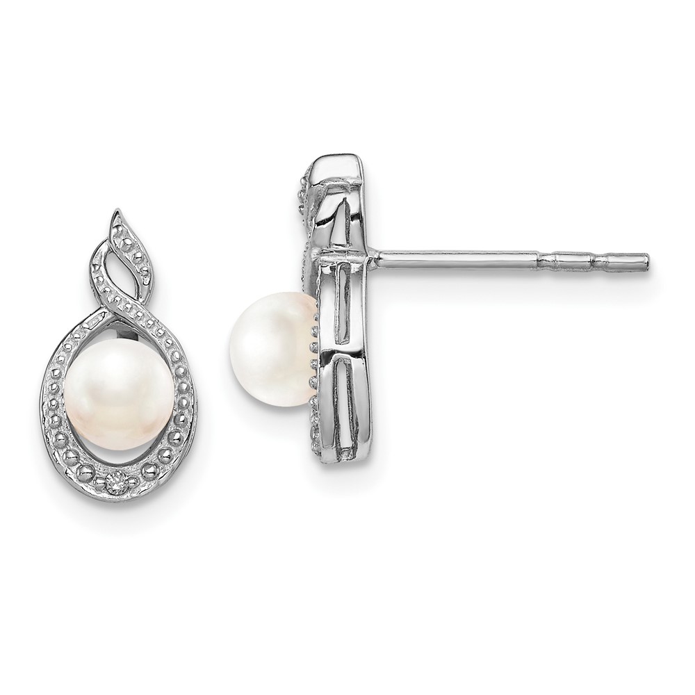 Sterling Silver Rhodium-plated FW Cultured Pearl & Diam. Earrings (QBE18JUN)