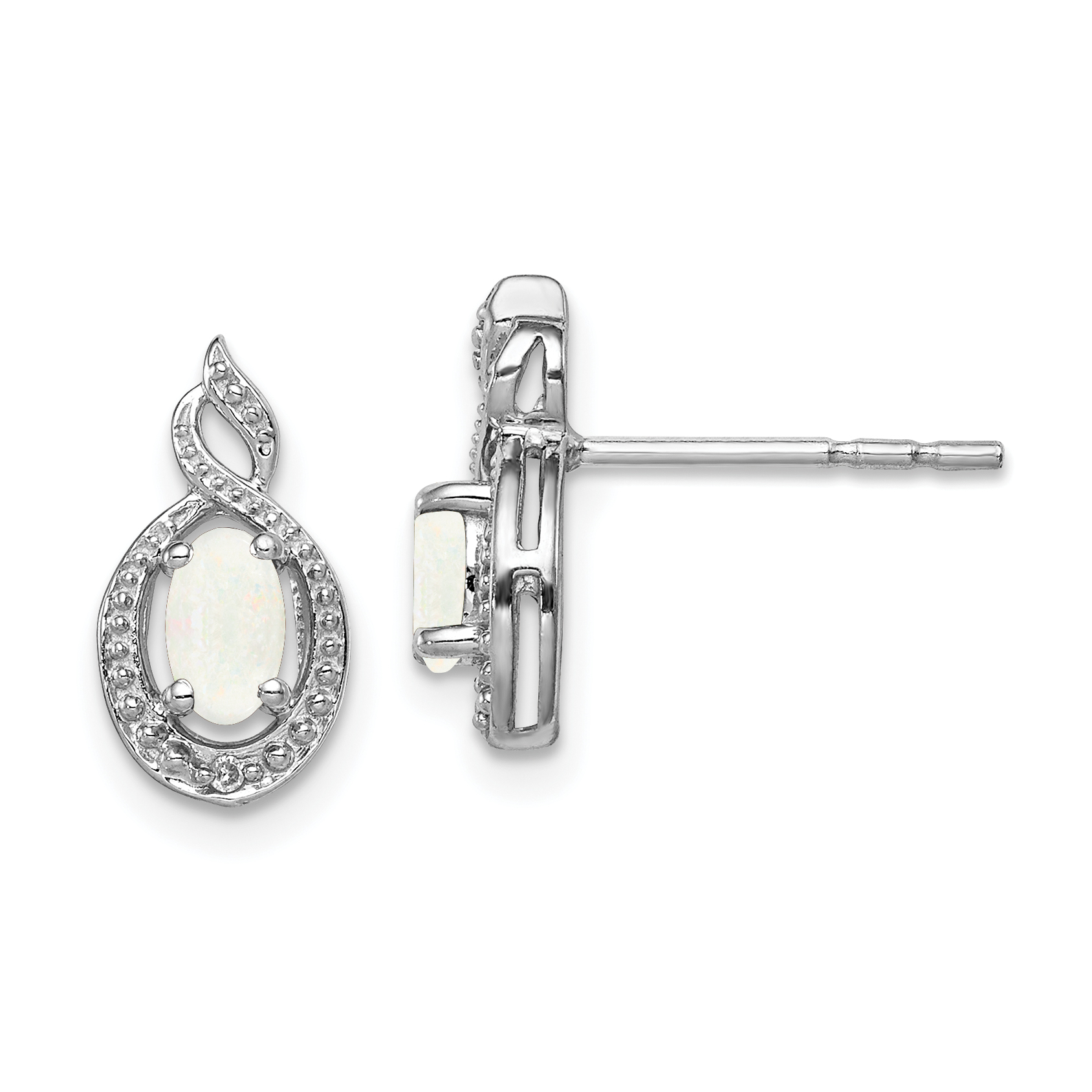 Sterling Silver Rhodium-plated Created Opal & Diam. Earrings (QBE18OCT)