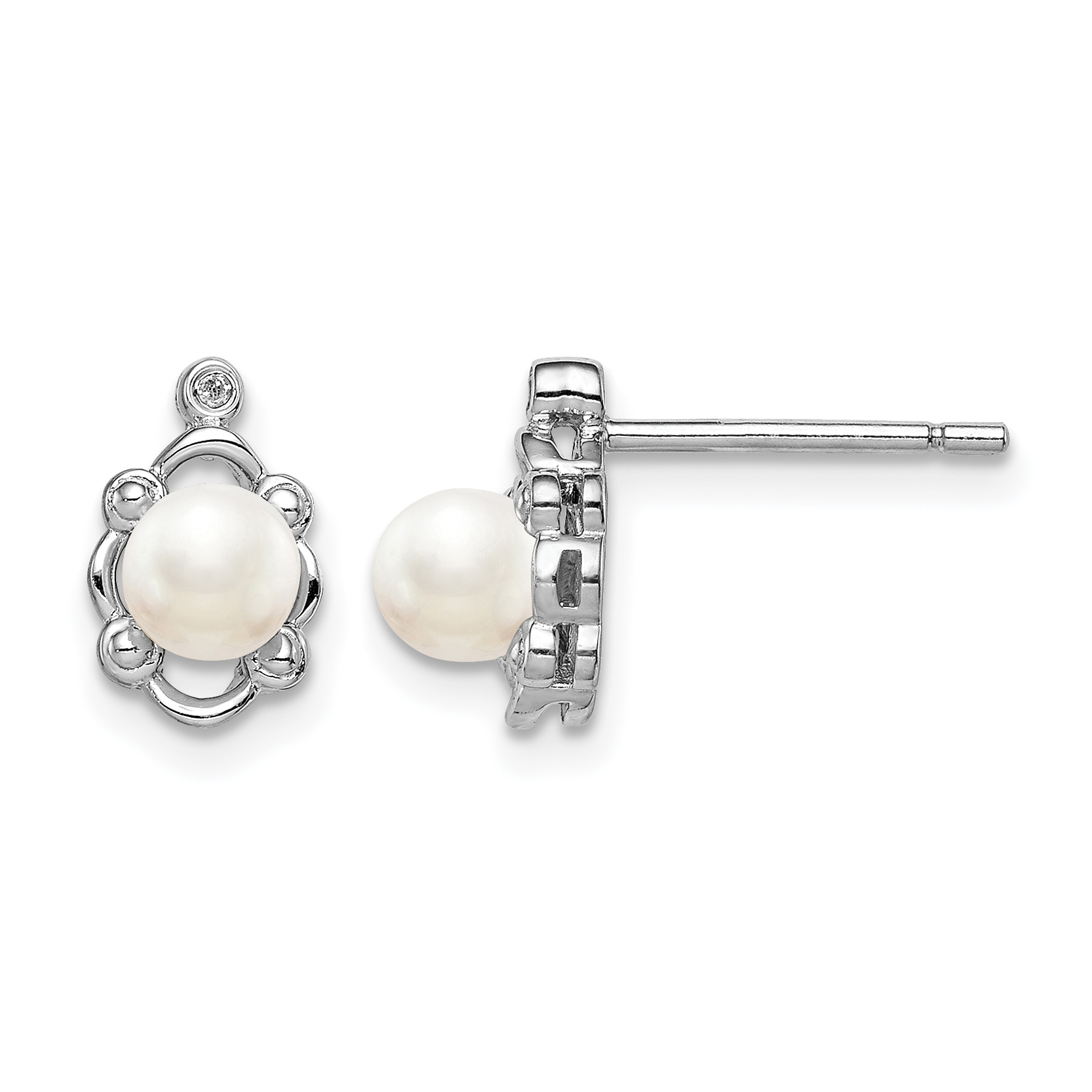 Sterling Silver Rhodium-plated FW Cultured Pearl & Diam. Earrings (QBE21JUN)