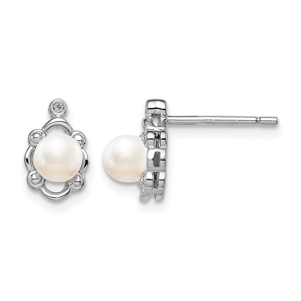 Sterling Silver Rhodium-plated FW Cultured Pearl & Diam. Earrings (QBE21JUN)