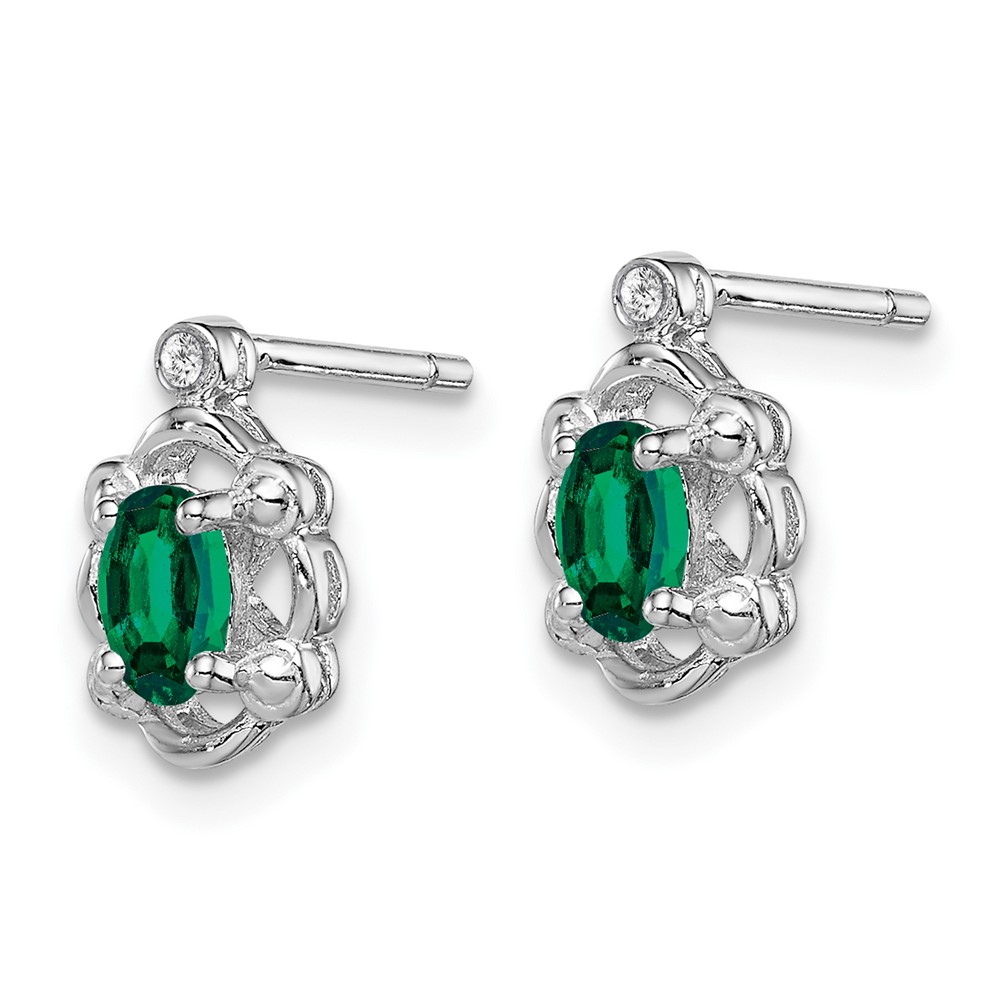 Sterling Silver Rhodium-plated Created Emerald & Diam. Earrings (QBE21MAY)