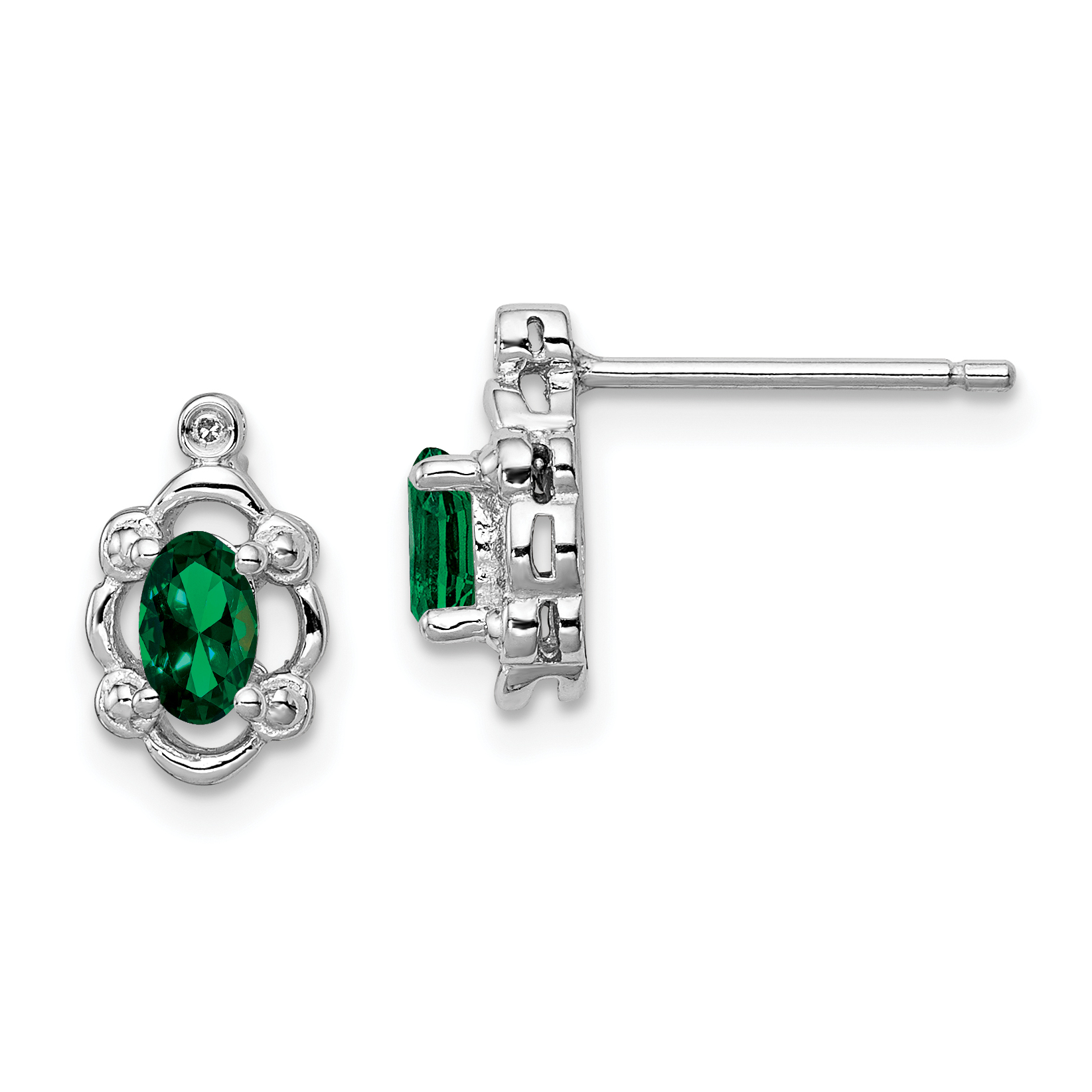 Sterling Silver Rhodium-plated Created Emerald & Diam. Earrings (QBE21MAY)