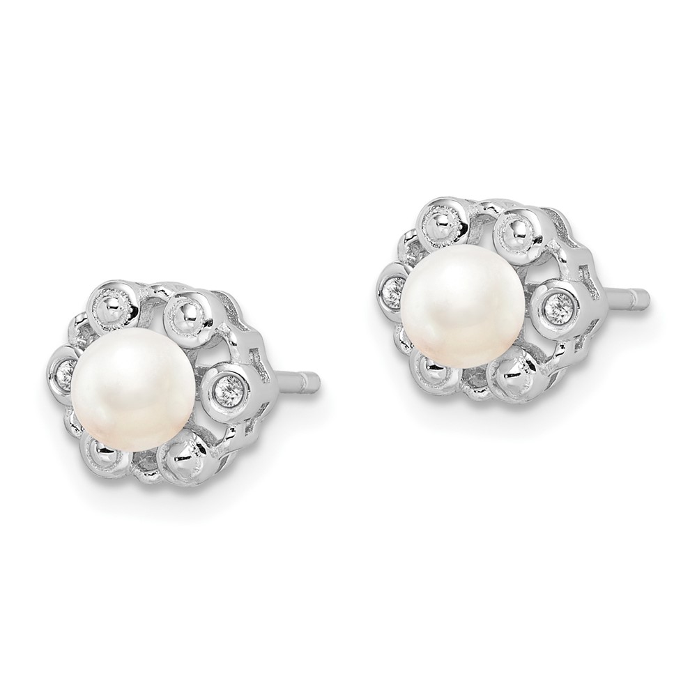 Sterling Silver Rhodium-plated FW Cultured Pearl & Diam. Earrings (QBE22JUN)