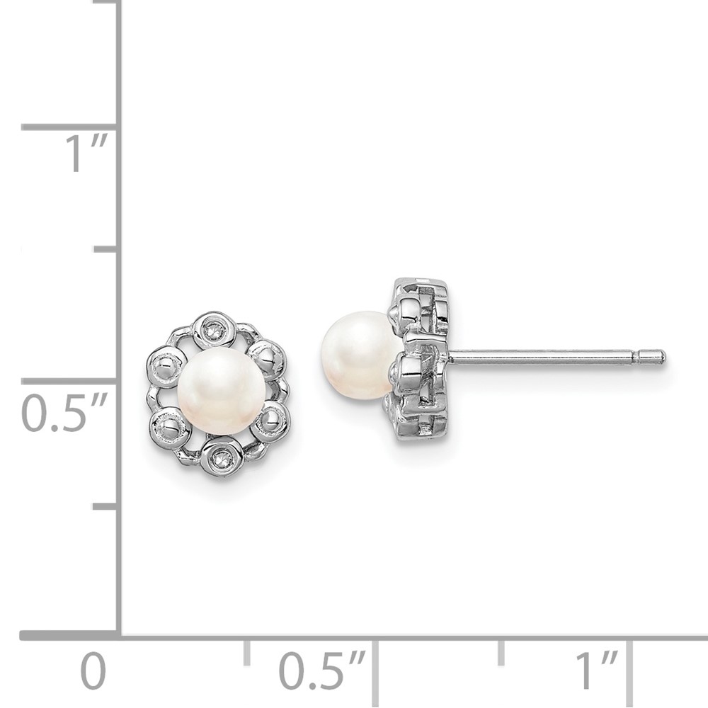 Sterling Silver Rhodium-plated FW Cultured Pearl & Diam. Earrings (QBE22JUN)