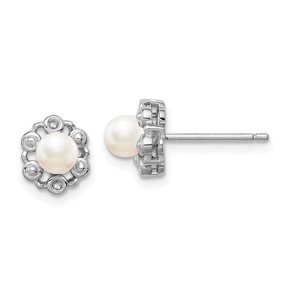 Sterling Silver Rhodium-plated FW Cultured Pearl & Diam. Earrings (QBE22JUN)