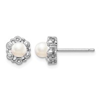 Sterling Silver Rhodium-plated FW Cultured Pearl & Diam. Earrings view 1