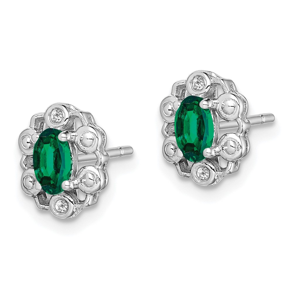 Sterling Silver Rhodium-plated Created Emerald & Diam. Earrings (QBE22MAY)
