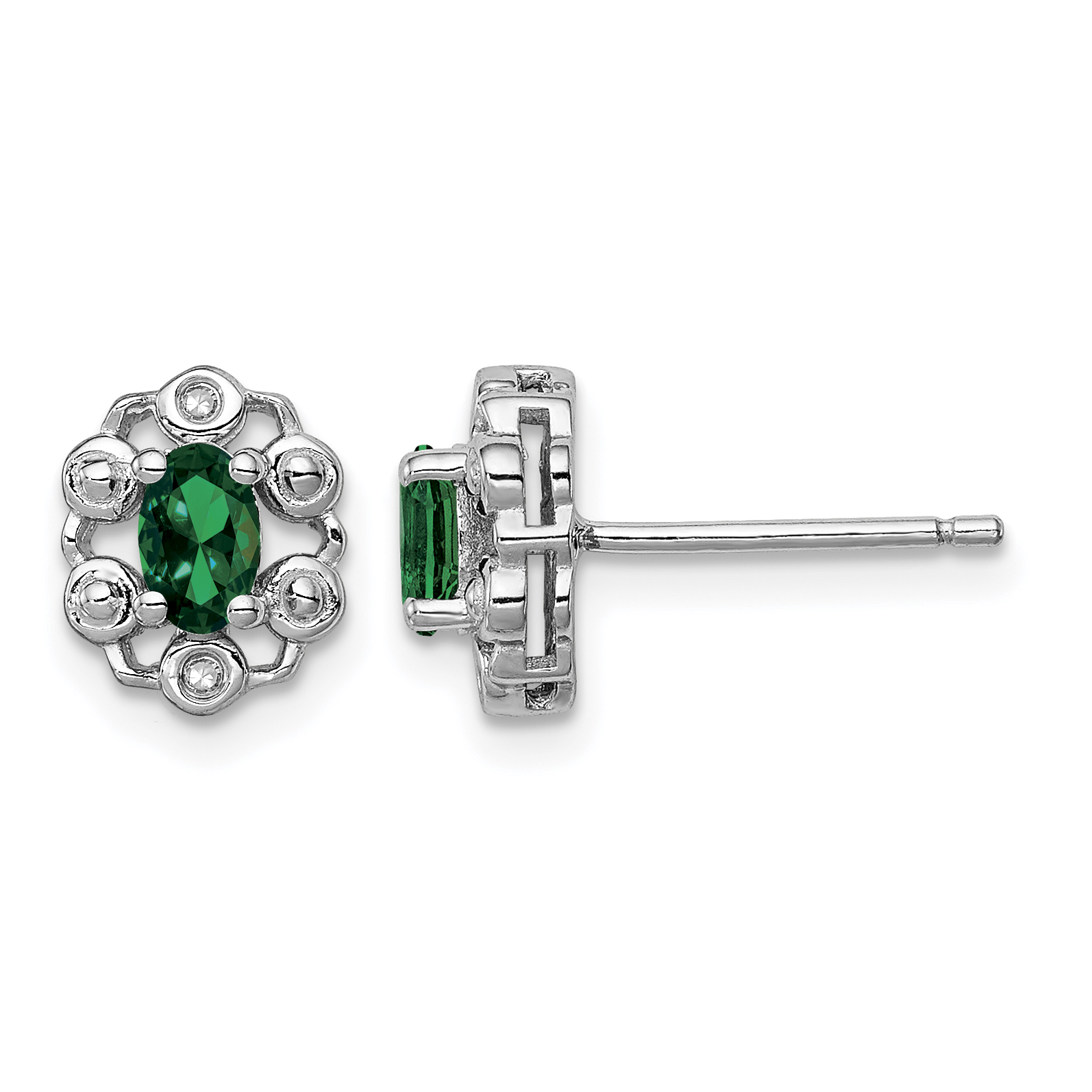 Sterling Silver Rhodium-plated Created Emerald & Diam. Earrings (QBE22MAY)