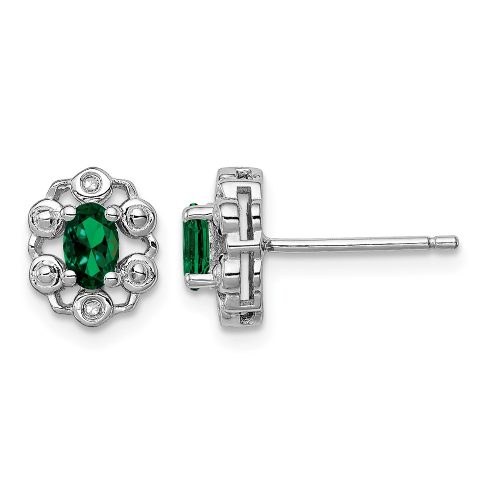 Sterling Silver Rhodium-plated Created Emerald & Diam. Earrings (QBE22MAY)