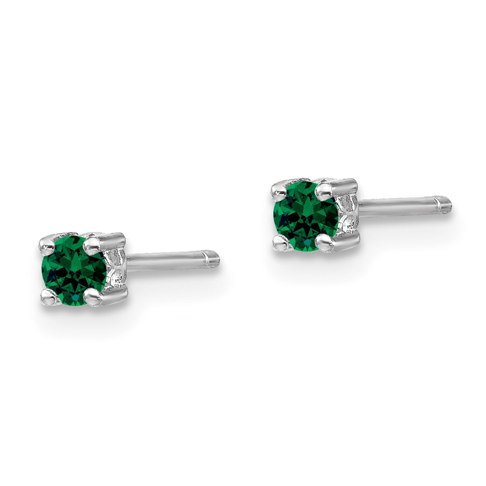 Sterling Silver Rhod-plated 3mm Round Created Emerald Post Earrings (QBE25MAY)