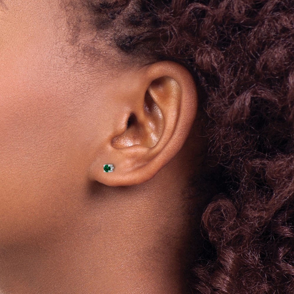 Sterling Silver Rhod-plated 3mm Round Created Emerald Post Earrings (QBE25MAY)