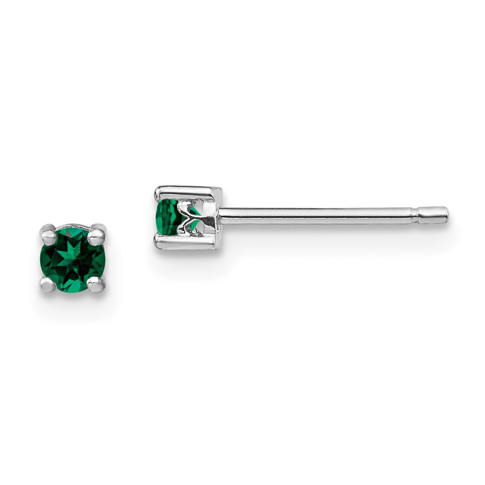 Sterling Silver Rhod-plated 3mm Round Created Emerald Post Earrings (QBE25MAY)
