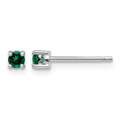 Sterling Silver Rhod-plated 3mm Round Created Emerald Post Earrings
