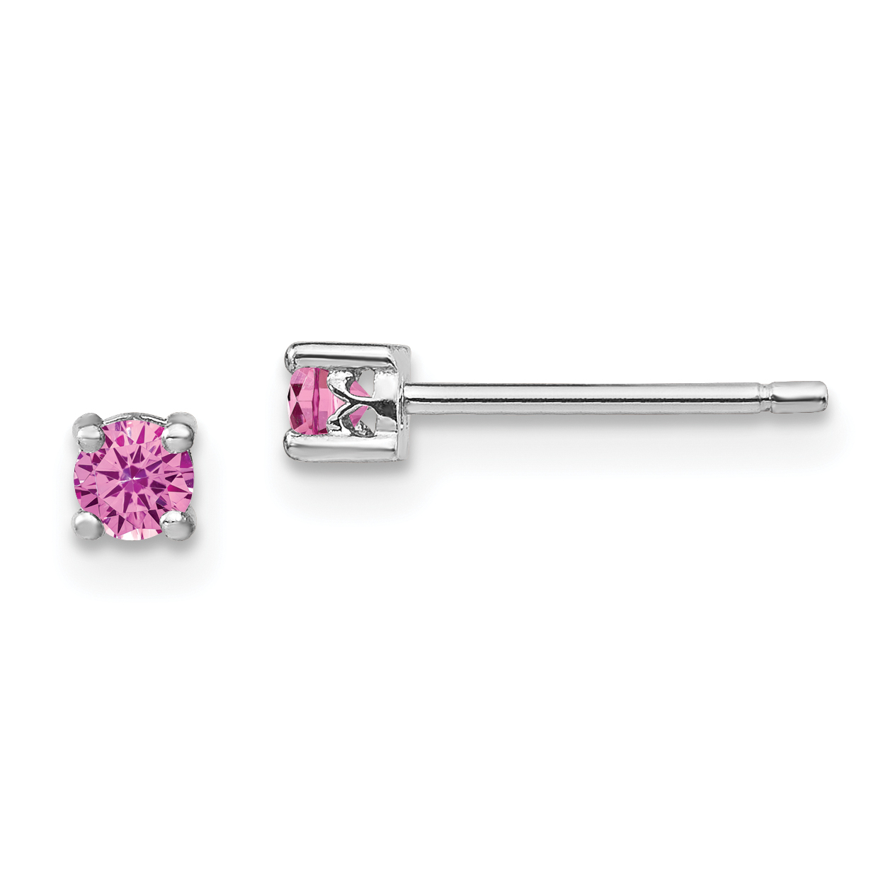 Sterling Silver Rhod-pltd 3mm Round Cr. Pink Sapphire Post Earrings (QBE25OCT)