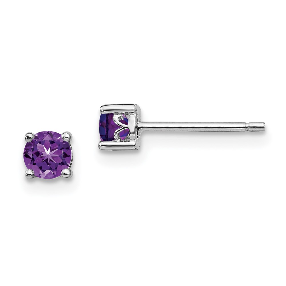 Sterling Silver Rhodium-plated 4mm Round Amethyst Post Earrings (QBE26FEB)