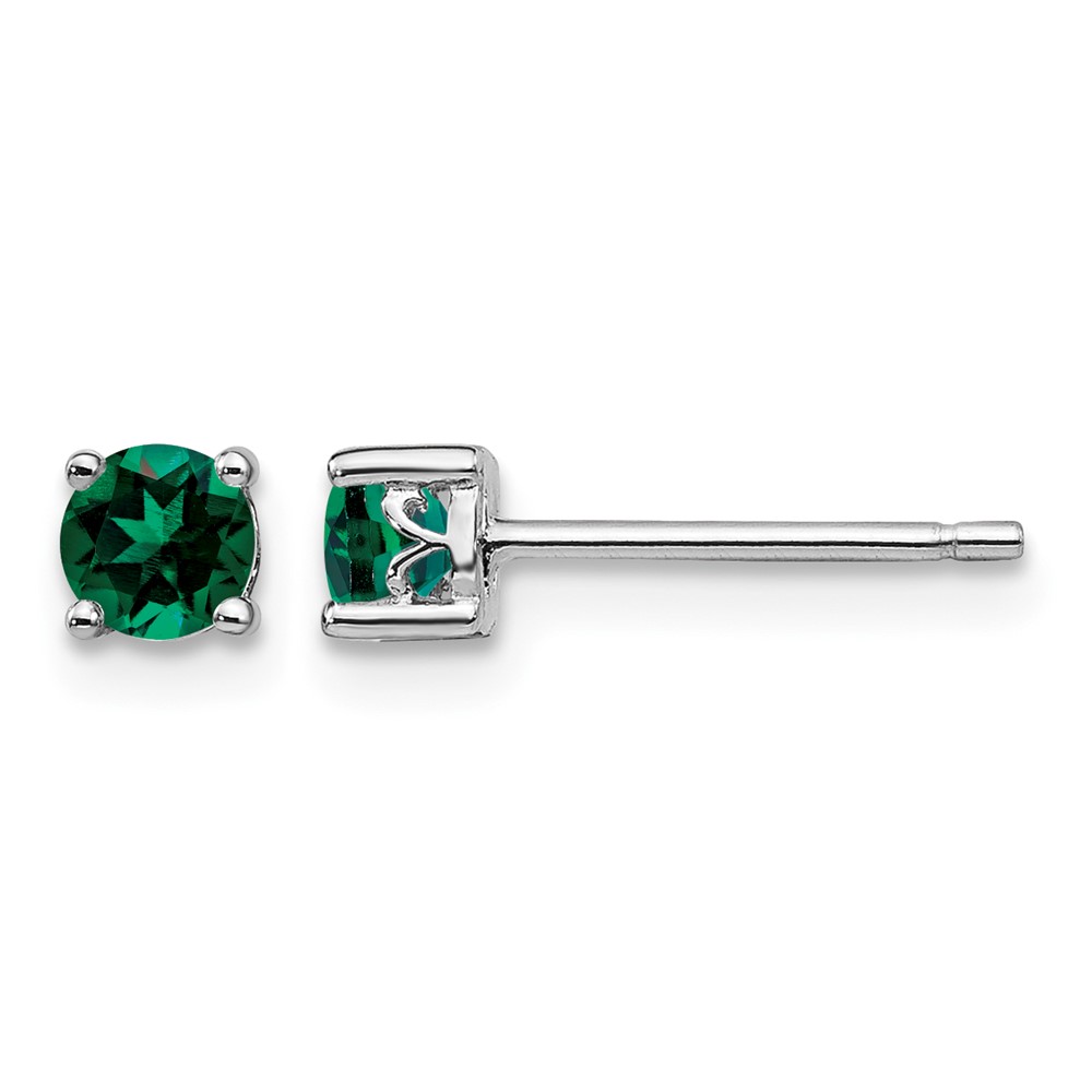 Sterling Silver Rhodium-plated 4mm Round Created Emerald Post Earrings (QBE26MAY)