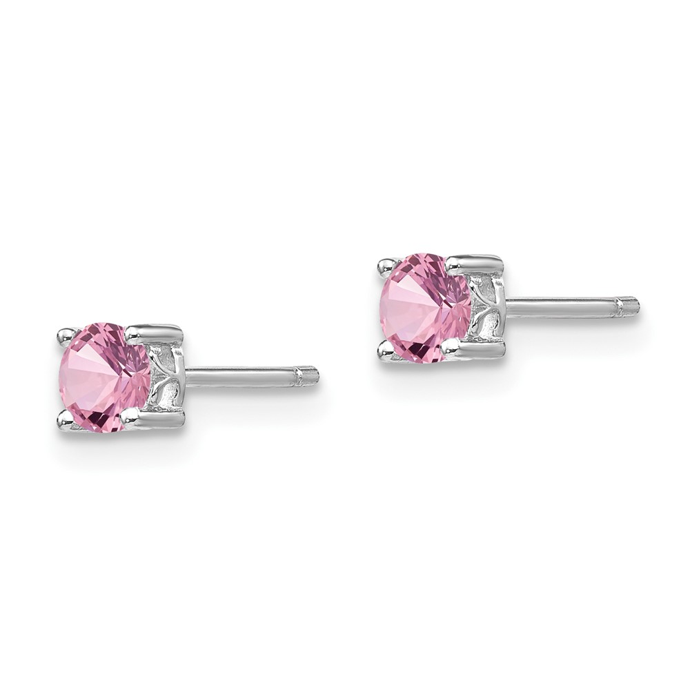Sterling Silver Rhodium-plated 4mm Round Created Pink Sapphire Post Earring (QBE26OCT)