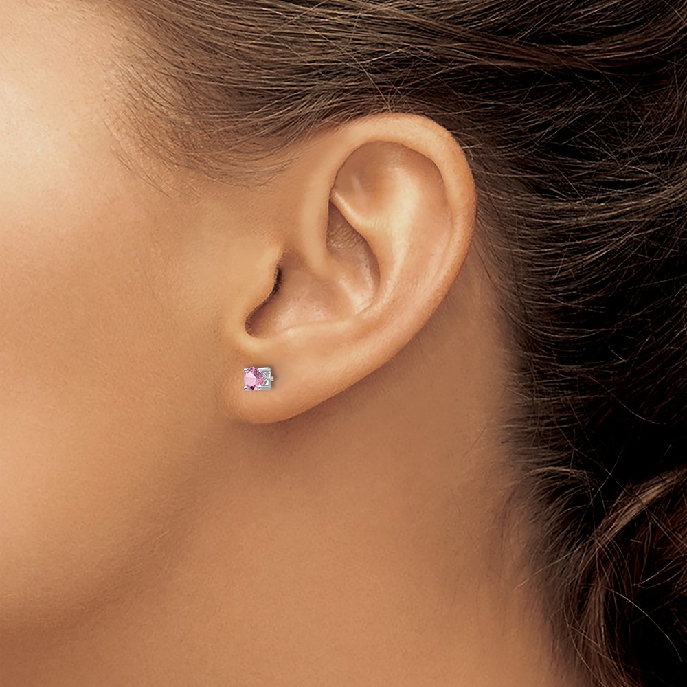 Sterling Silver Rhodium-plated 4mm Round Created Pink Sapphire Post Earring (QBE26OCT)
