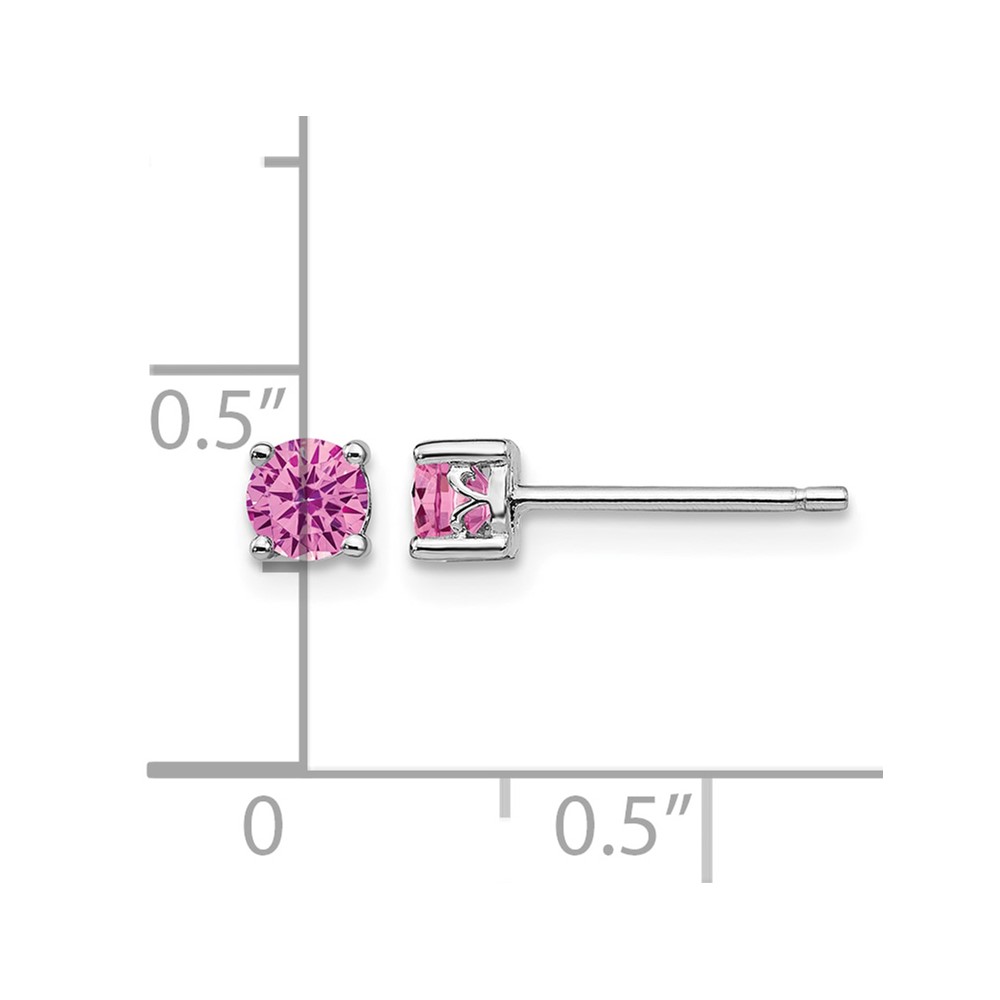 Sterling Silver Rhodium-plated 4mm Round Created Pink Sapphire Post Earring (QBE26OCT)