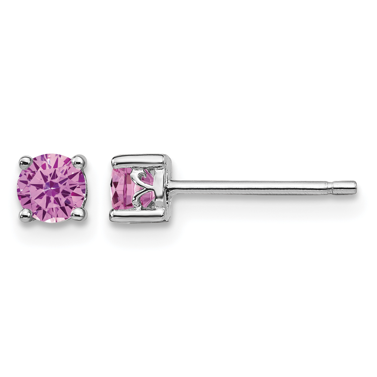 Sterling Silver Rhodium-plated 4mm Round Created Pink Sapphire Post Earring (QBE26OCT)