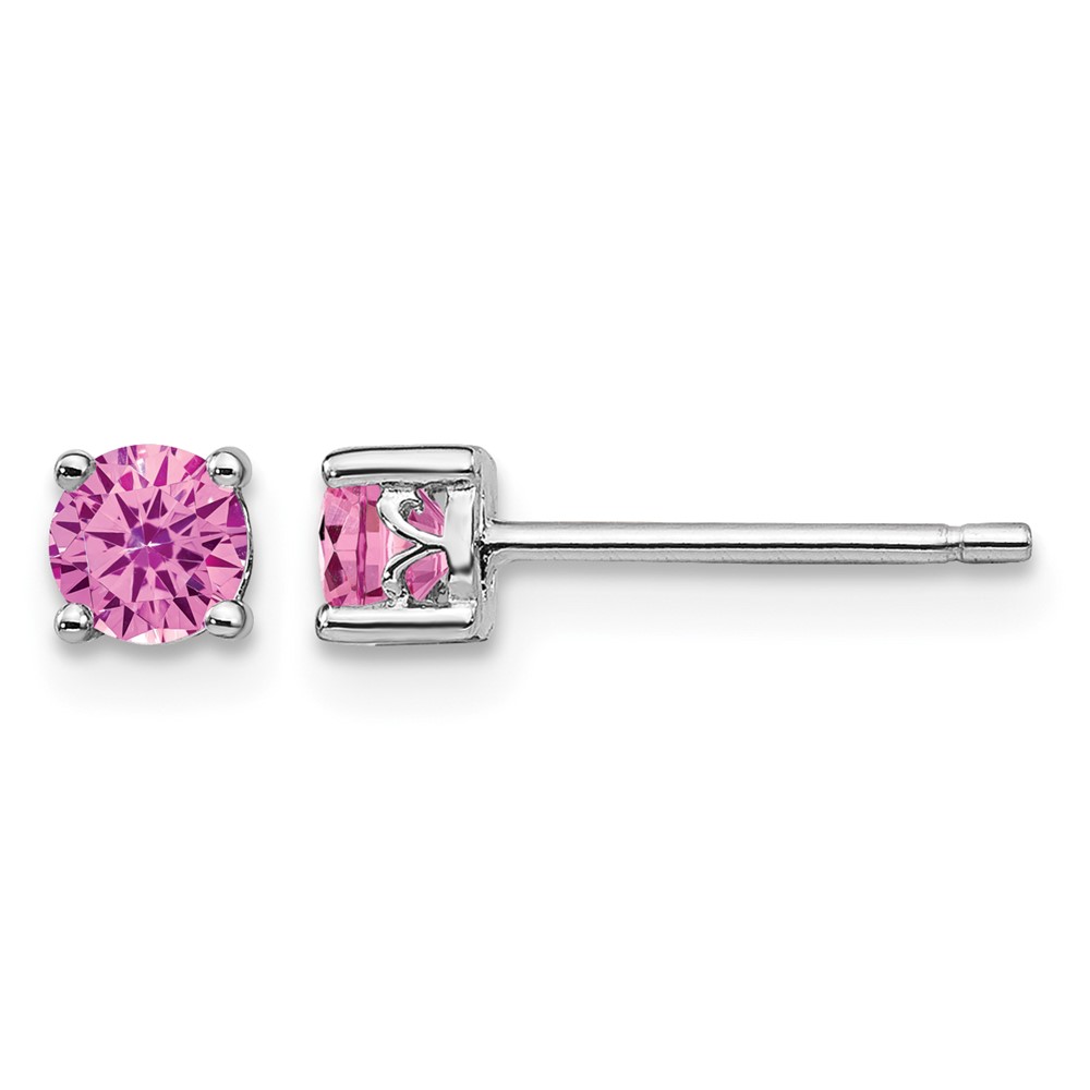 Sterling Silver Rhodium-plated 4mm Round Created Pink Sapphire Post Earring (QBE26OCT)